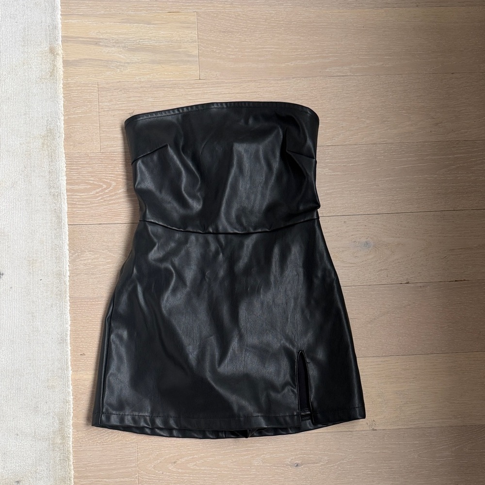 Strapless Black Faux Leather Mini Dress
